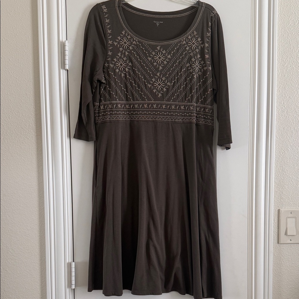 Garnet Hill Dark Gray Embroidered 3/4 Sleeve Dress